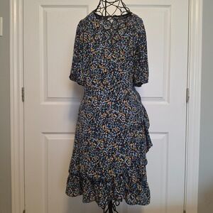 Nado Floral Dress Multicolor Drape Wrap & Flatter Ruffle Sleeves & Hemline Large